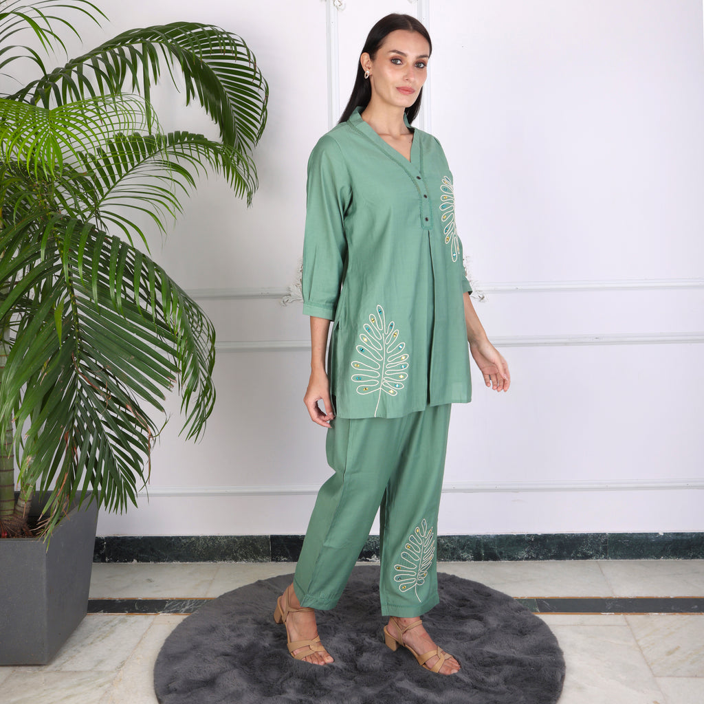 Elegant Leaf Embroidered Co-ord Set – Sage Green