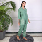 Elegant Leaf Embroidered Co-ord Set – Sage Green