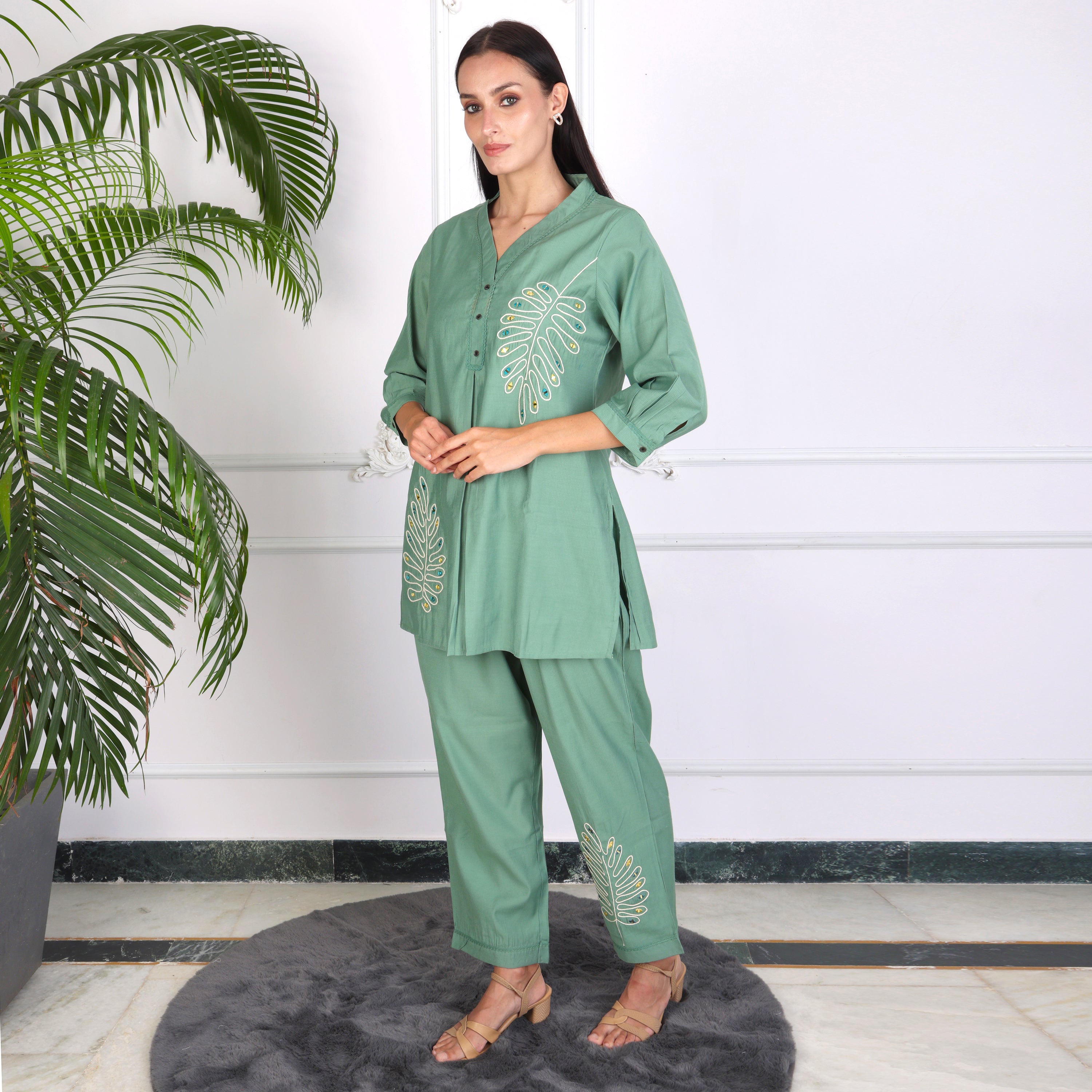 Elegant Leaf Embroidered Co-ord Set – Sage Green