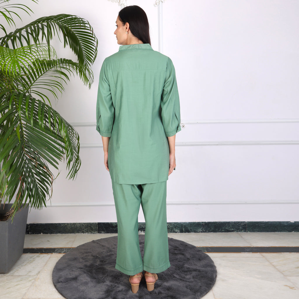 Elegant Leaf Embroidered Co-ord Set – Sage Green