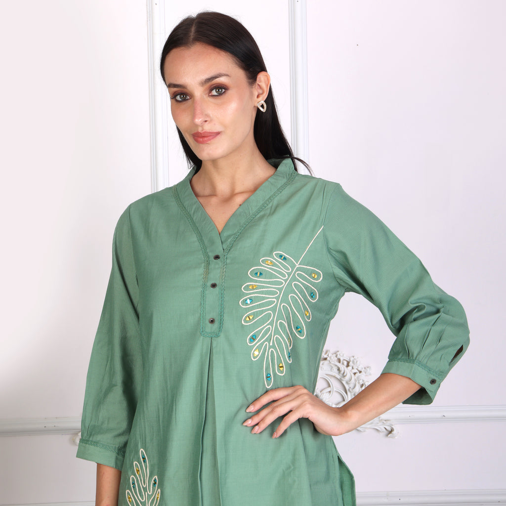 Elegant Leaf Embroidered Co-ord Set – Sage Green