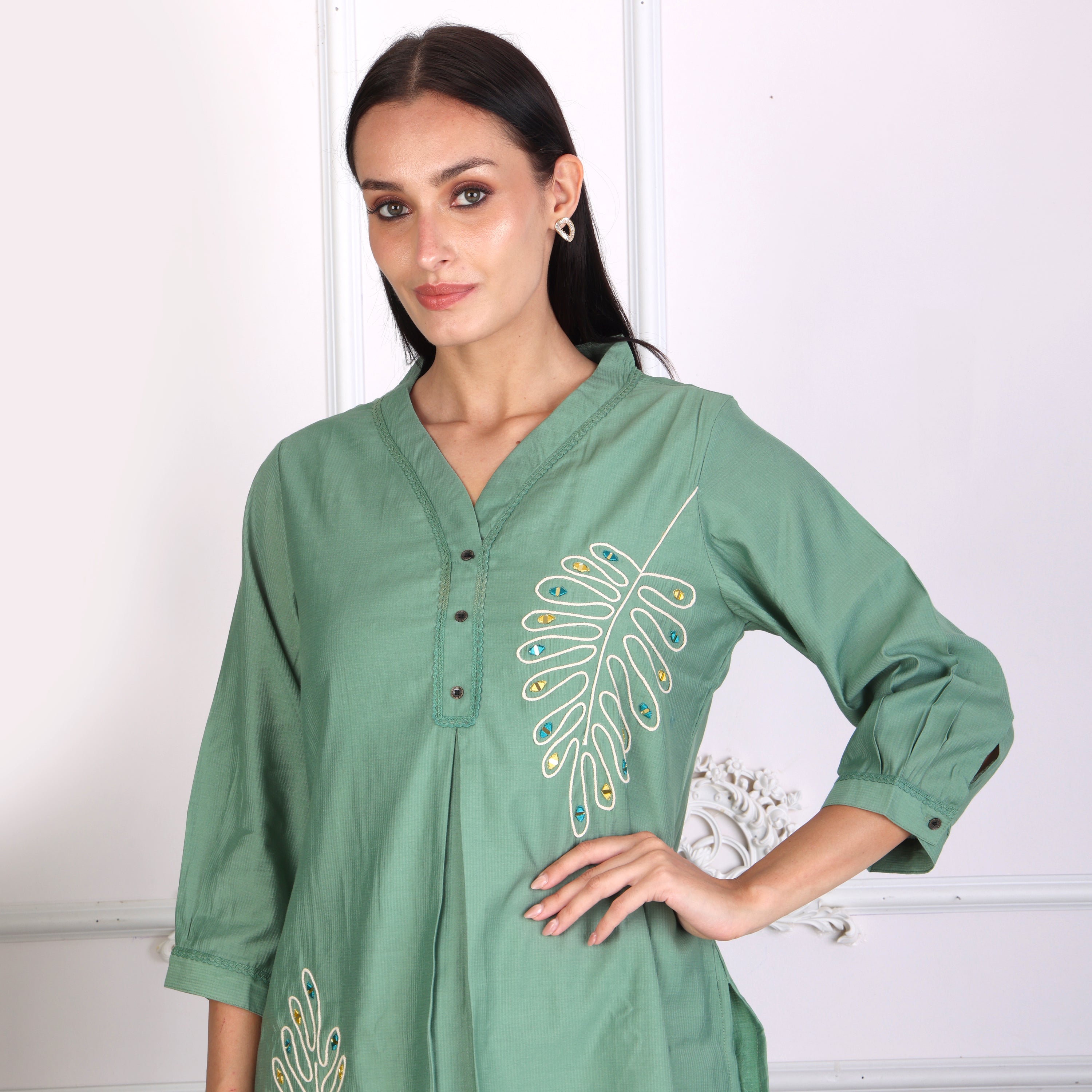 Elegant Leaf Embroidered Co-ord Set – Sage Green