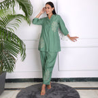 Elegant Leaf Embroidered Co-ord Set – Sage Green