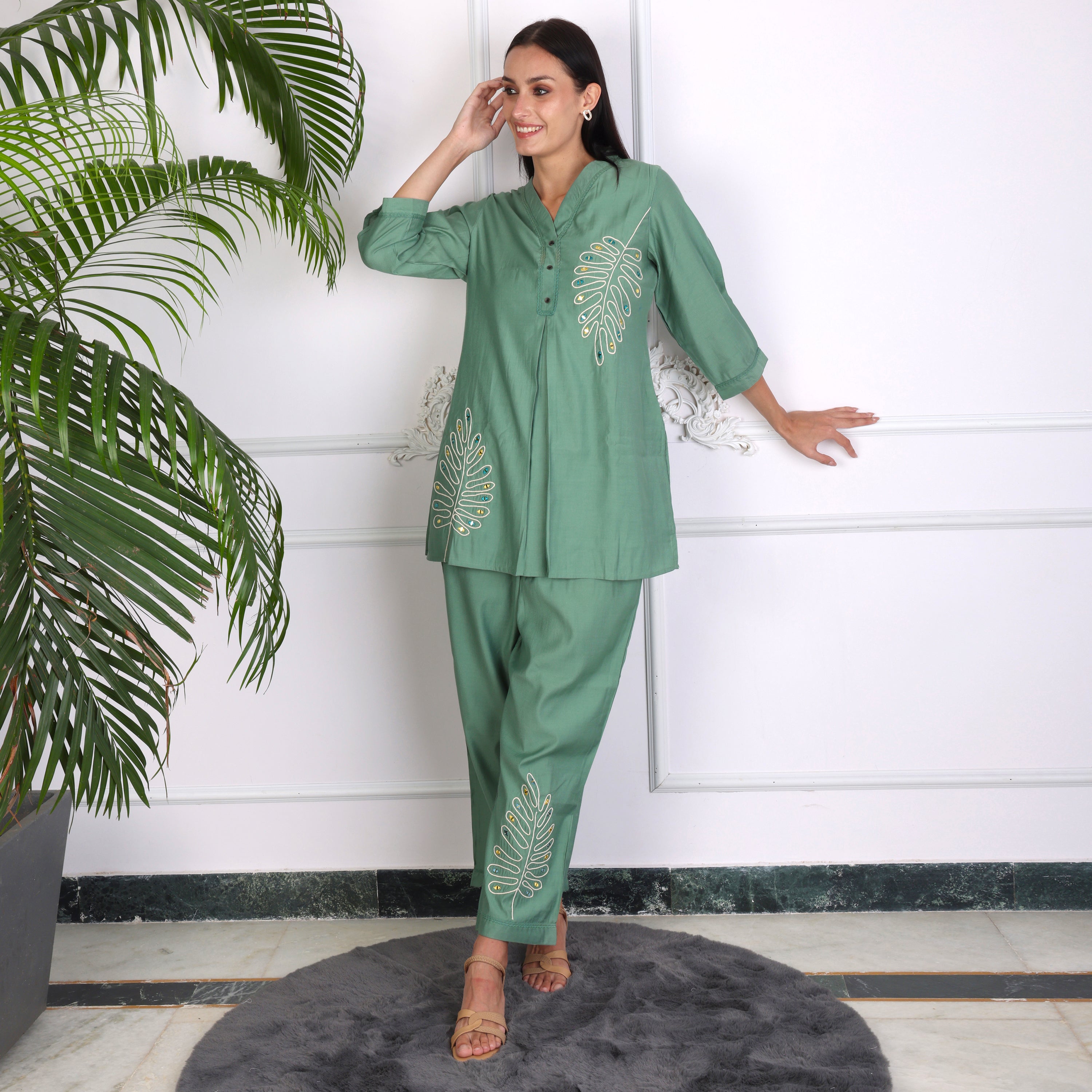 Elegant Leaf Embroidered Co-ord Set – Sage Green