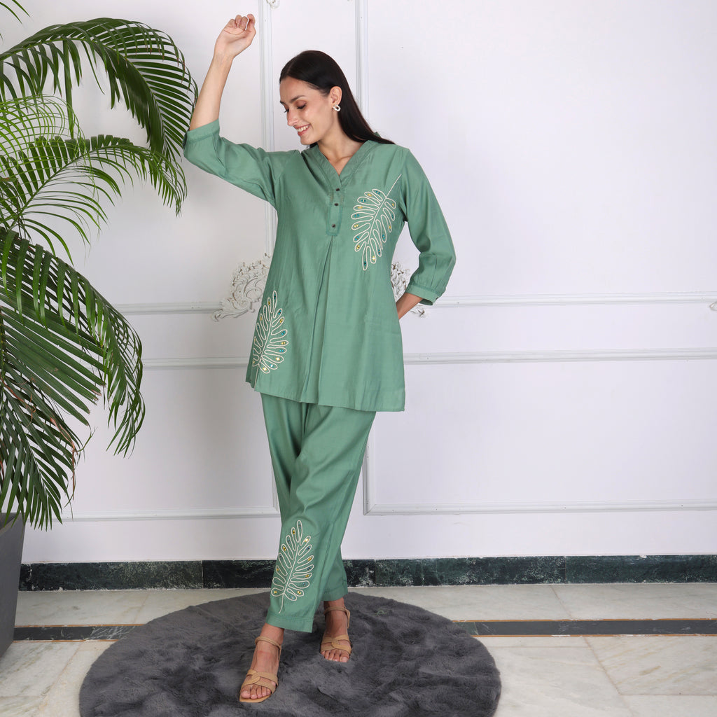 Elegant Leaf Embroidered Co-ord Set – Sage Green
