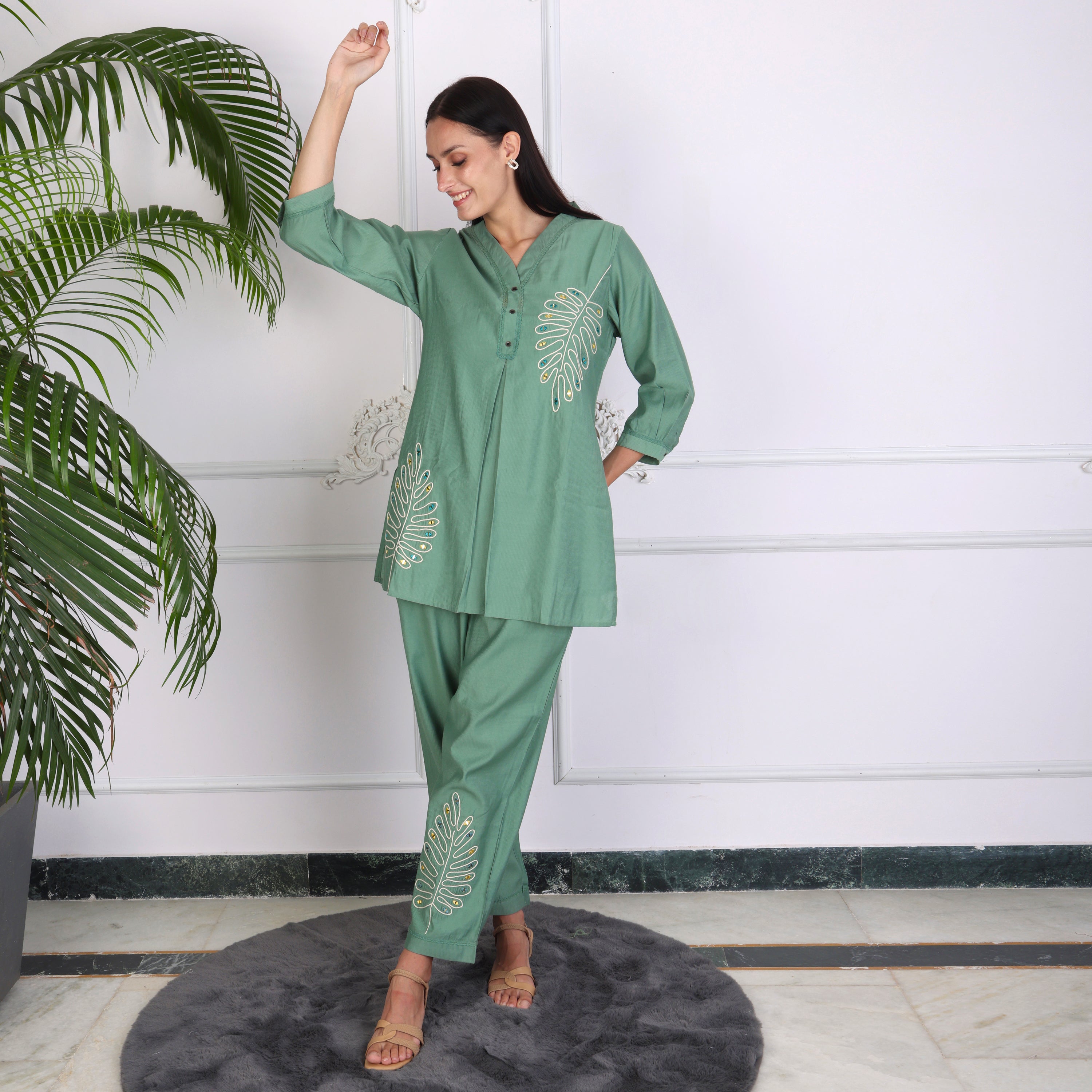 Elegant Leaf Embroidered Co-ord Set – Sage Green