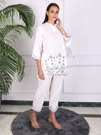 Embroidered Plain White Cotton Co-ord Set