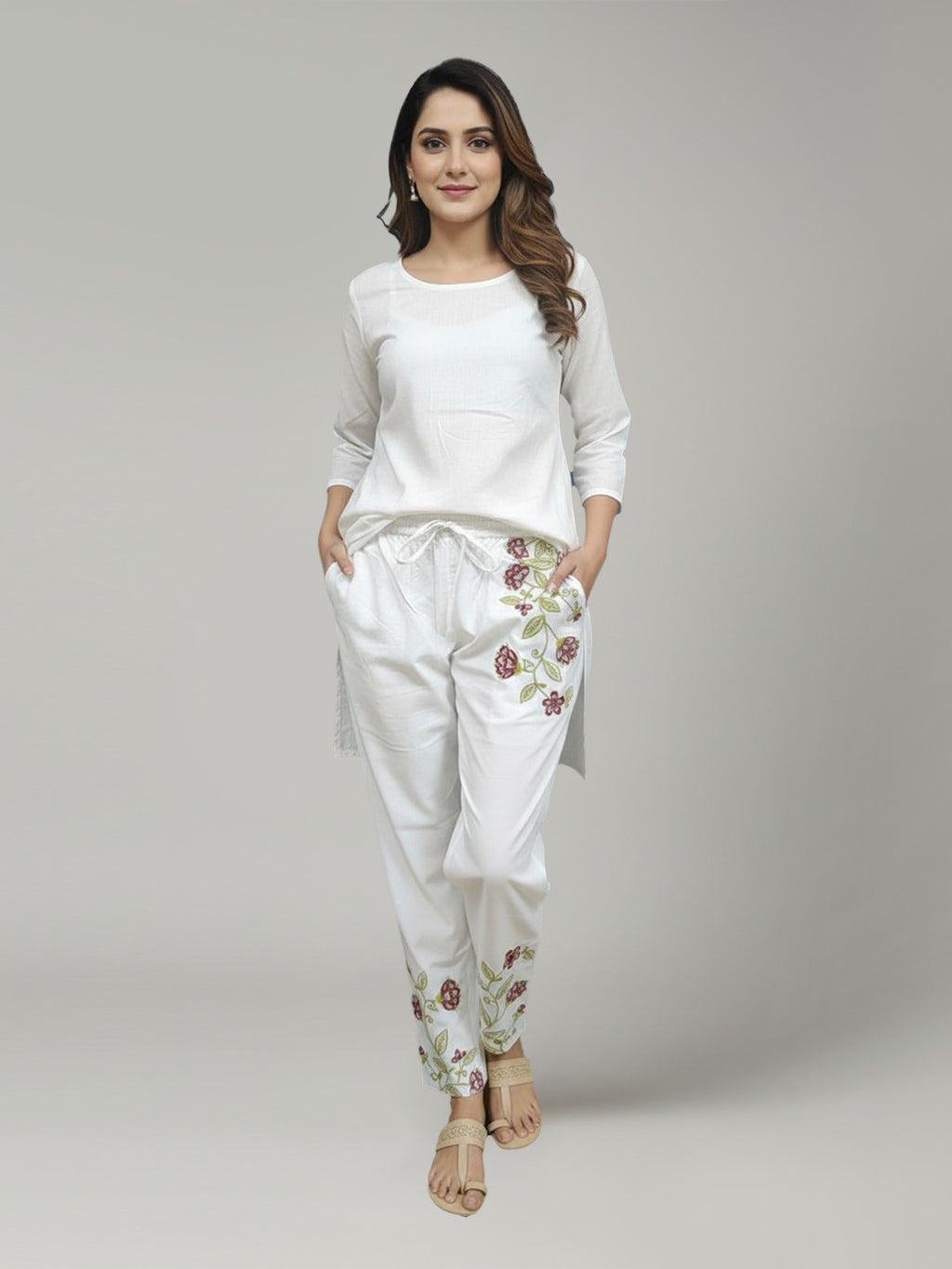 Women's Pure Cotton wine  Embroidered Trouser /