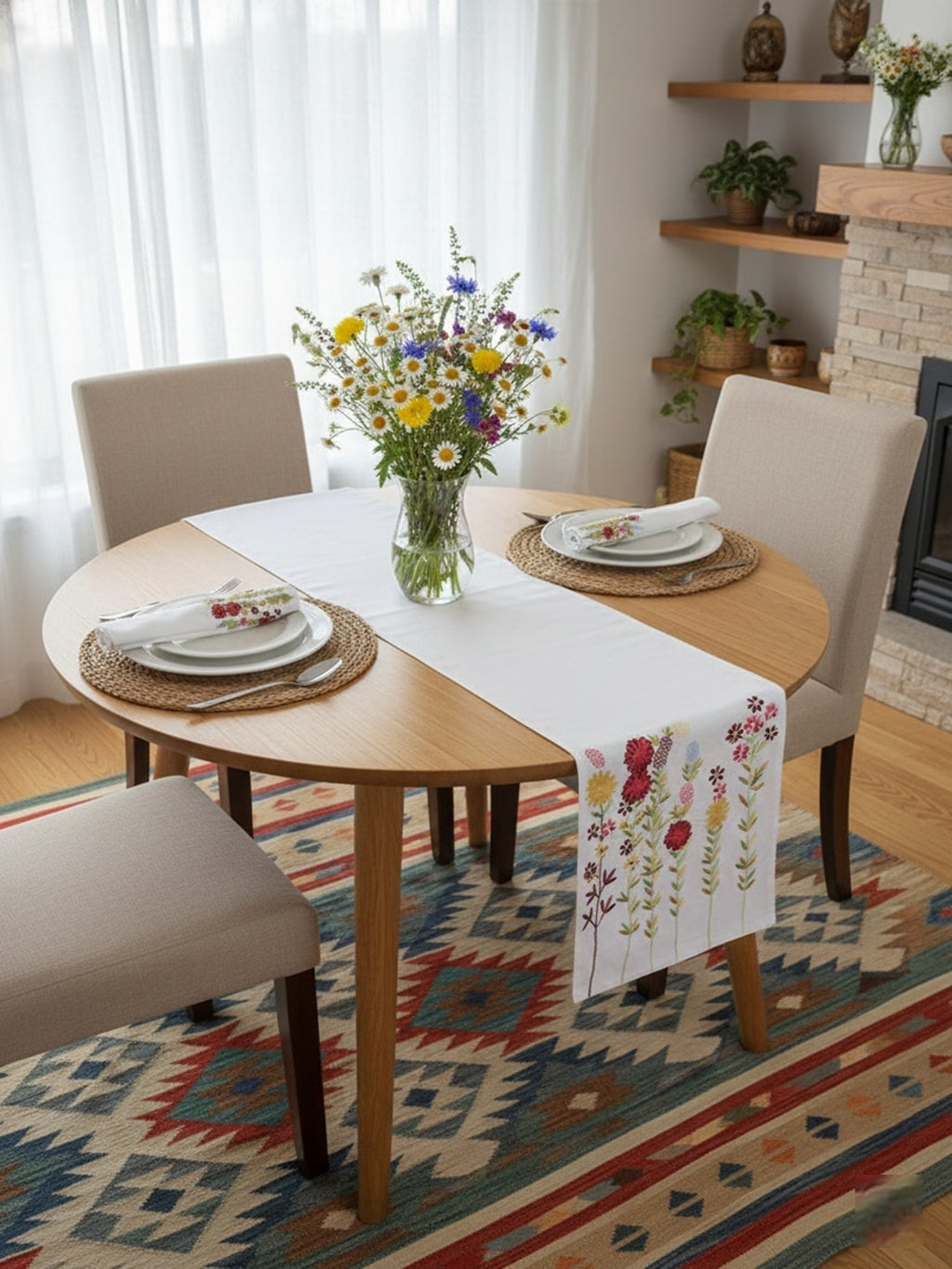 5 Pc Embroidered Floral Table Runner & Placemat Set