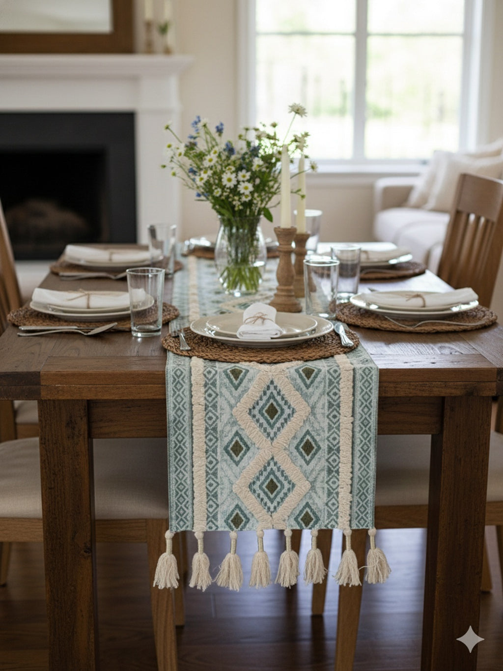 9 Pc Fringed Cotton Table Linen Set: Runner, 4 Place Mats, 4 Napkins I