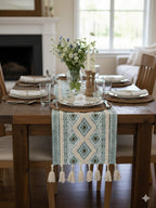 9 Pc Fringed Cotton Table Linen Set: Runner, 4 Place Mats, 4 Napkins I