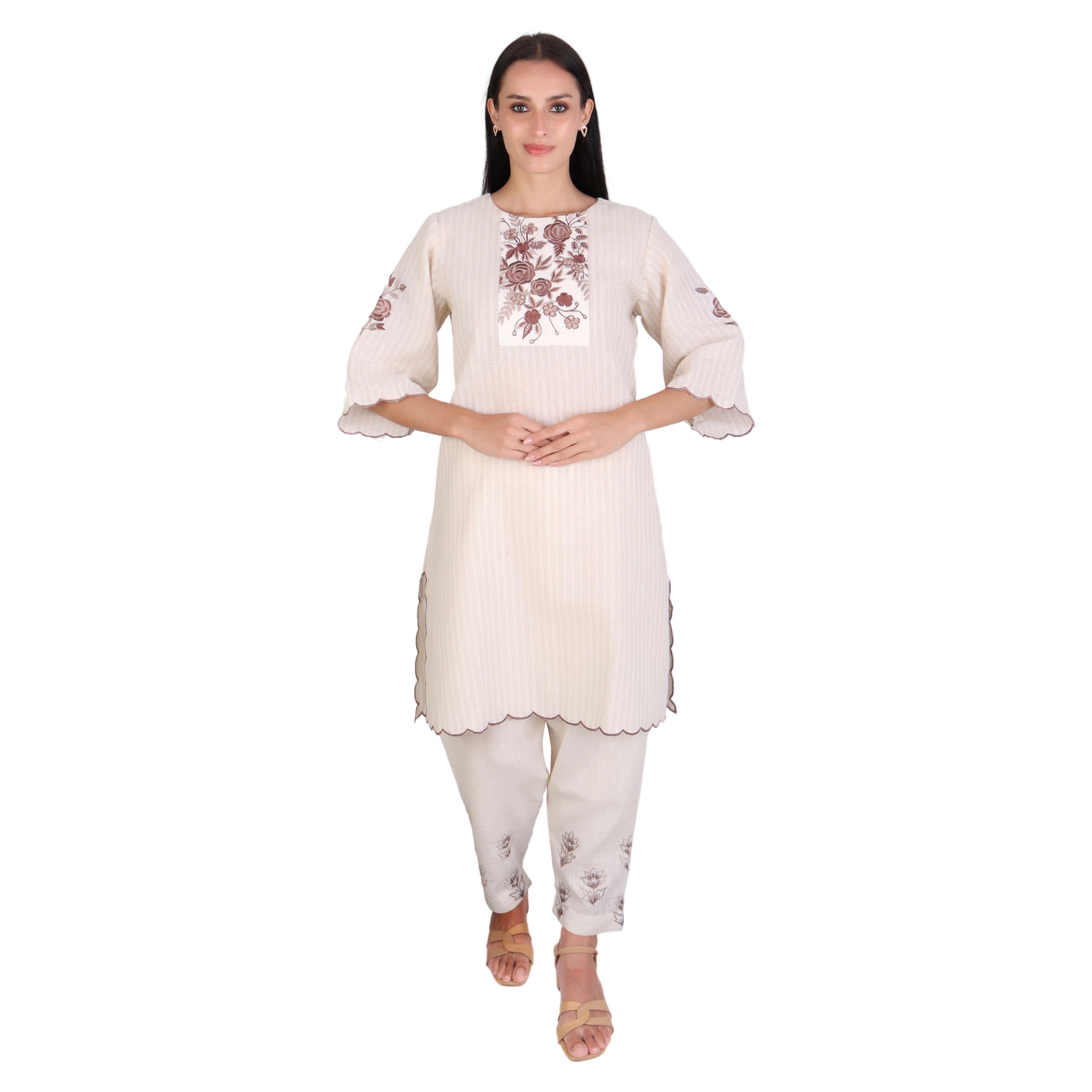 Elegant Beige Embroidered Kurta Set for Women