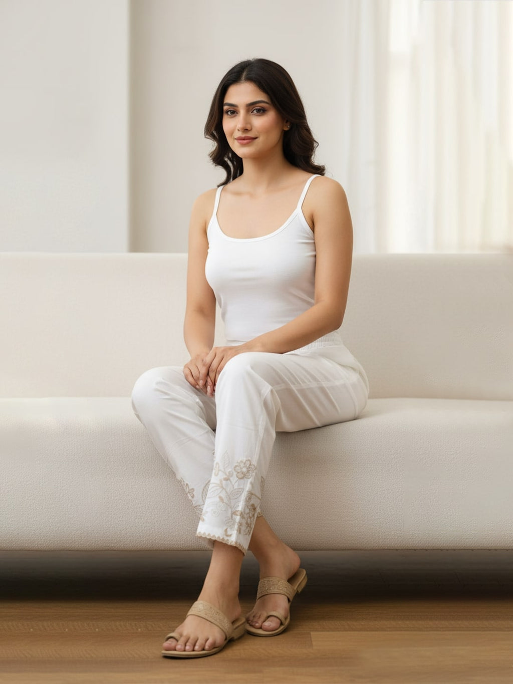 Izaafa Women's Pure Cotton Trouser with Tone-on-Tone Embroidery Hem | White Relaxed Fit Ankle-Length Pant with Drawstring Waist & Pockets | Versatile Ethnic Bottom Wear