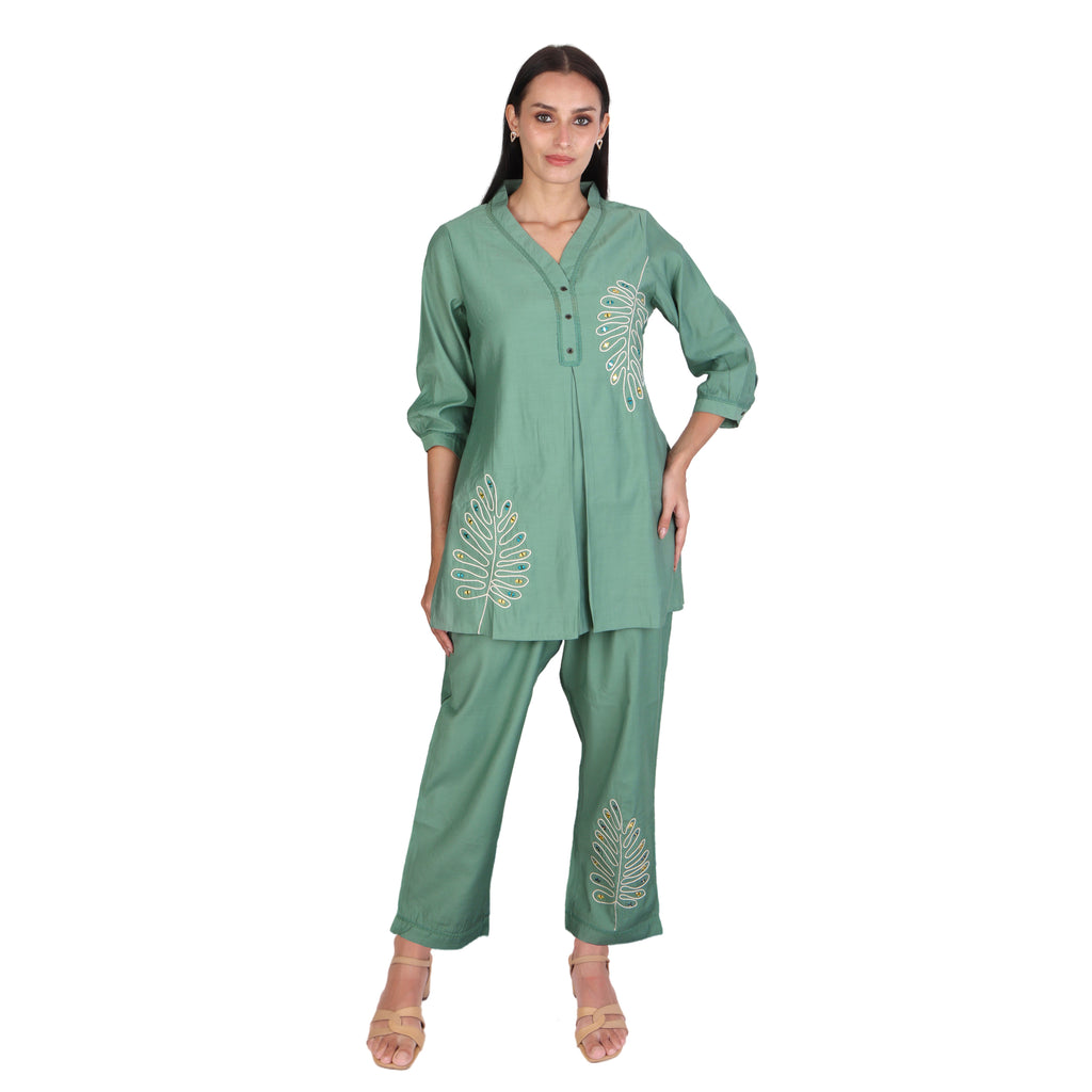 Elegant Leaf Embroidered Co-ord Set – Sage Green
