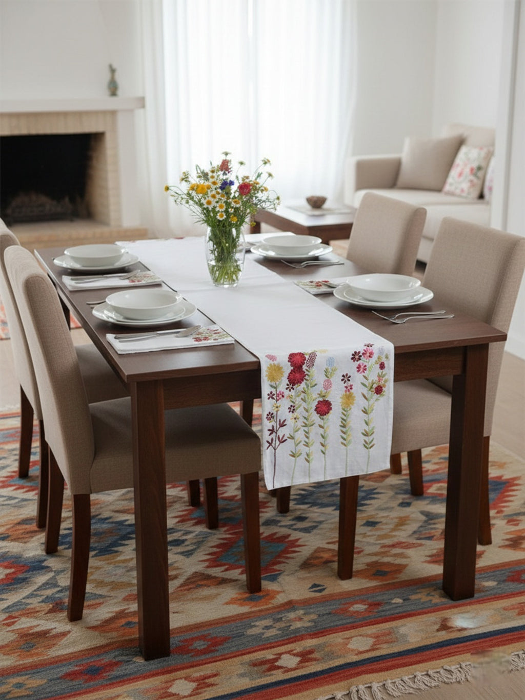 5 Pc Embroidered Floral Table Runner & Placemat Set