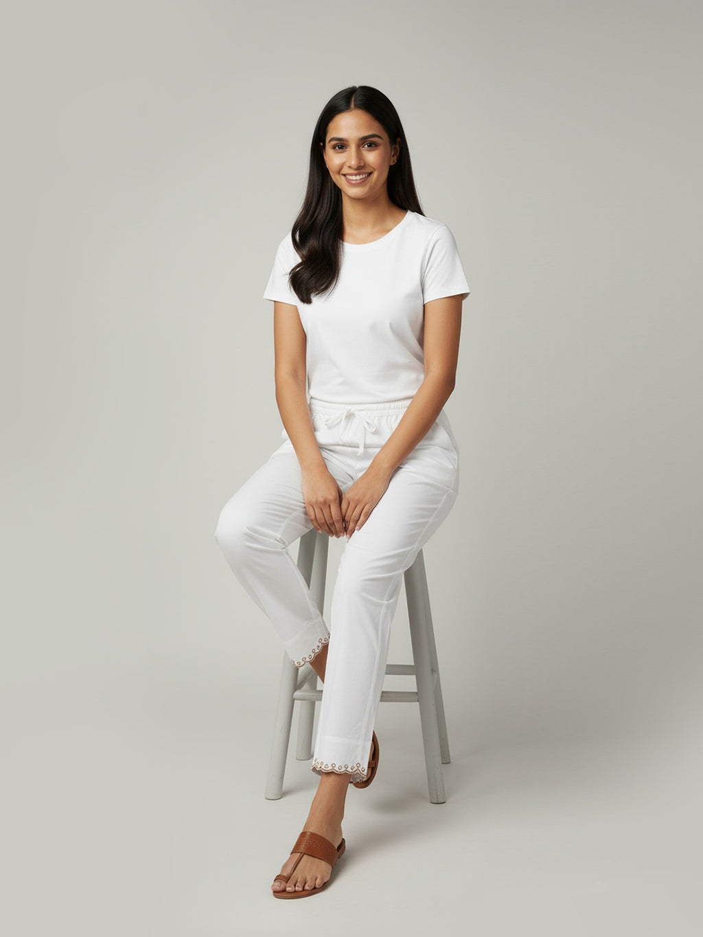 White Cotton Trouser with Embroidered Hem,