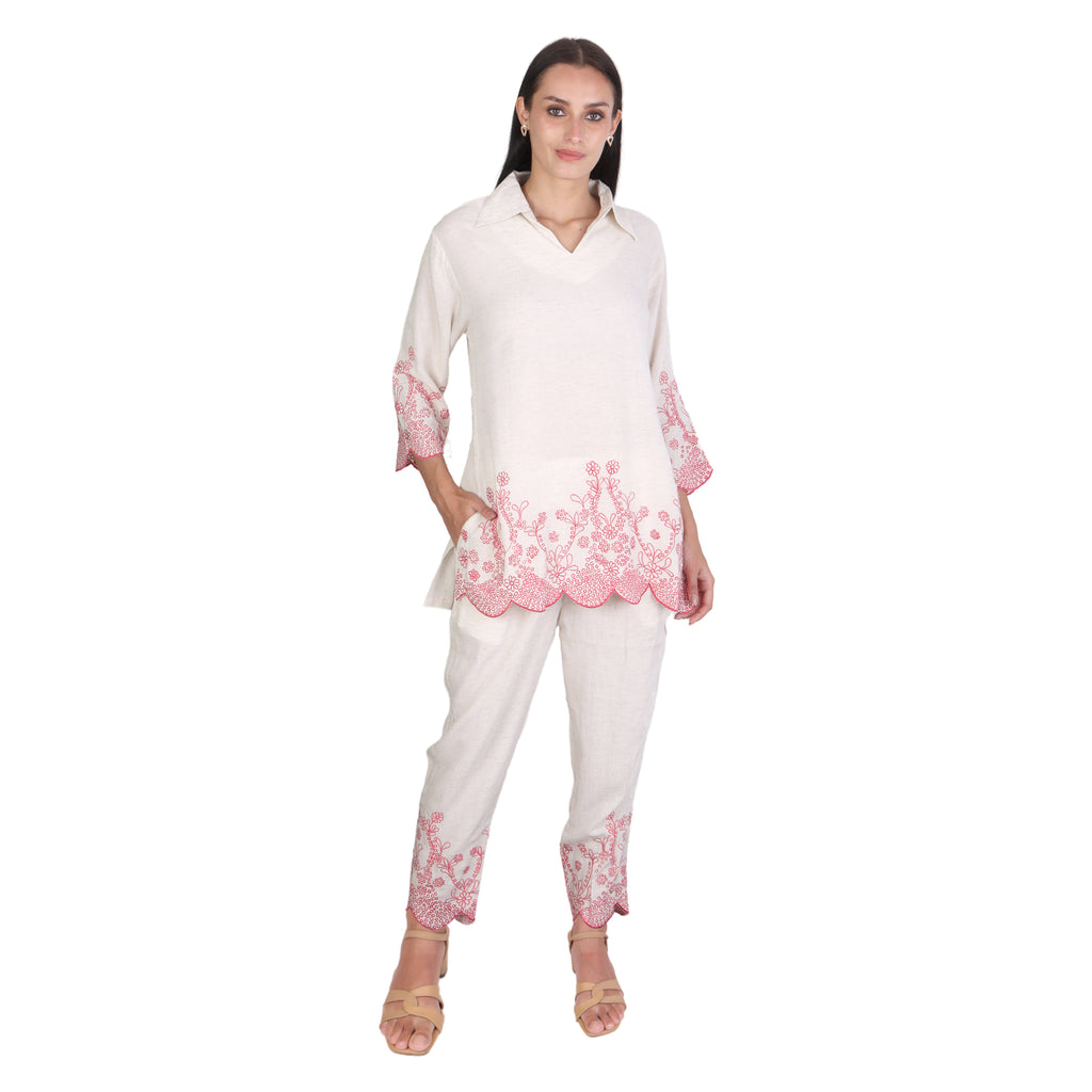 Ivory Embroidered Co-ord Set with Scalloped Hem – Soft Pink Detailing