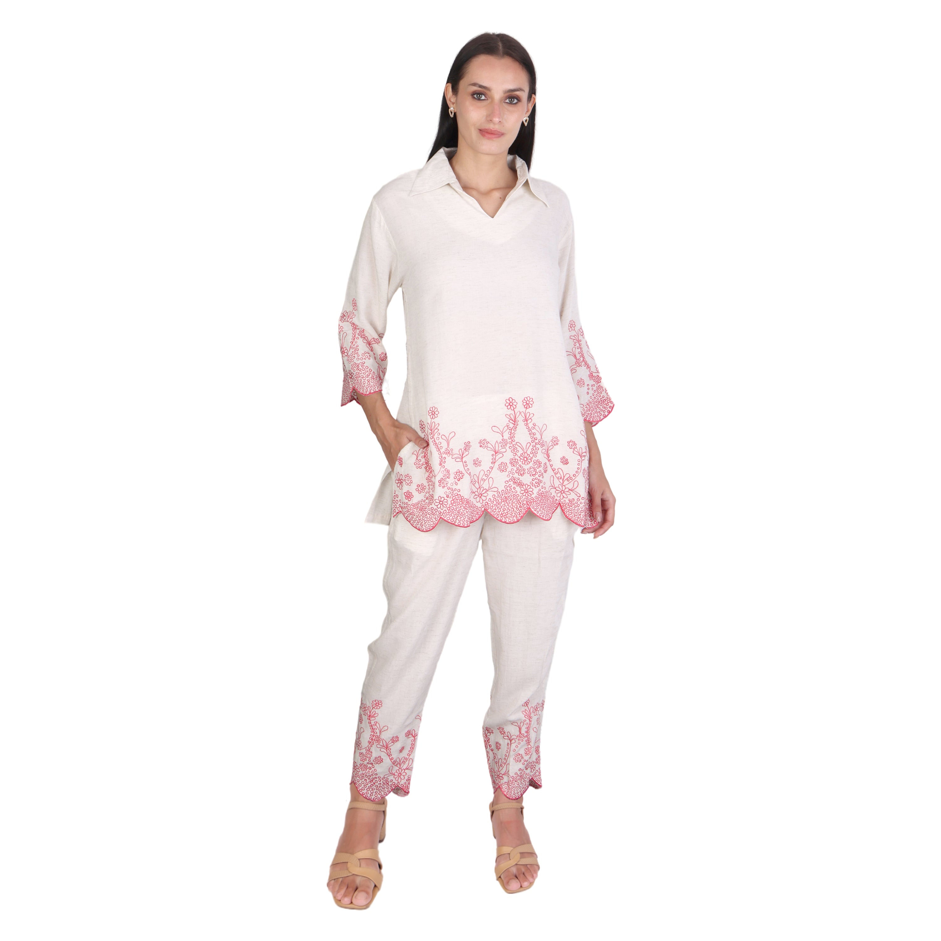 Ivory Embroidered Co-ord Set with Scalloped Hem – Soft Pink Detailing