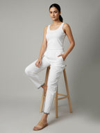Women's White Cotton Pants with Embroidered Hem, Elastic Waist, Casual Trousers