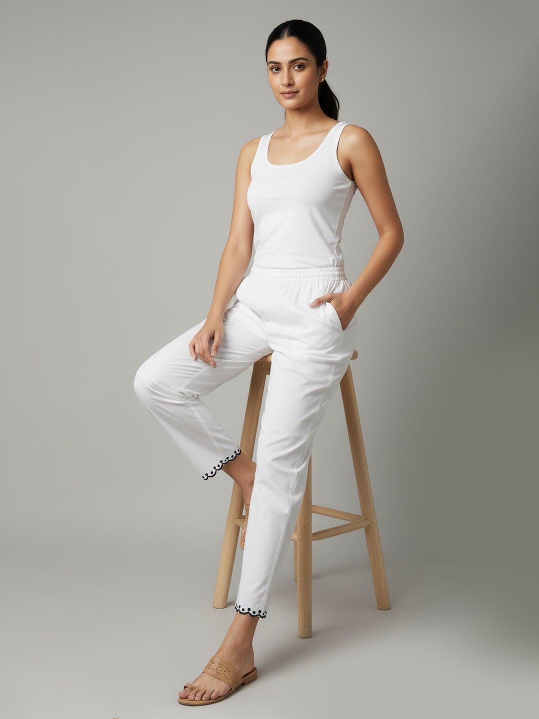 Izaafa Women's White Cotton Pants with Embroidered Hem, Elastic Waist, Casual Trousers