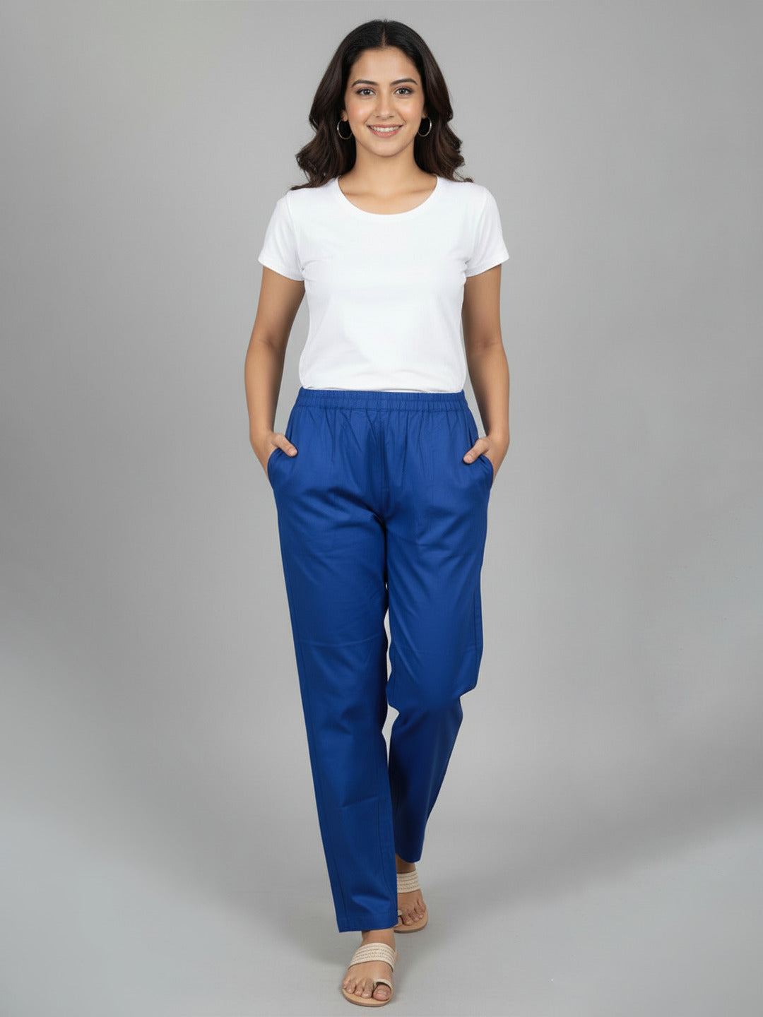 Izaafa Women's Pure Cotton Solid Royal Blue Trouser | Straight Fit Ankle-Length Pant with Elastic Waistband | Comfortable Casual, Office & Ethnic Bottom Wear with Pockets