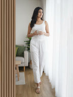 Women's White Pure Cotton Scallop Hem Ankle Length Trousers