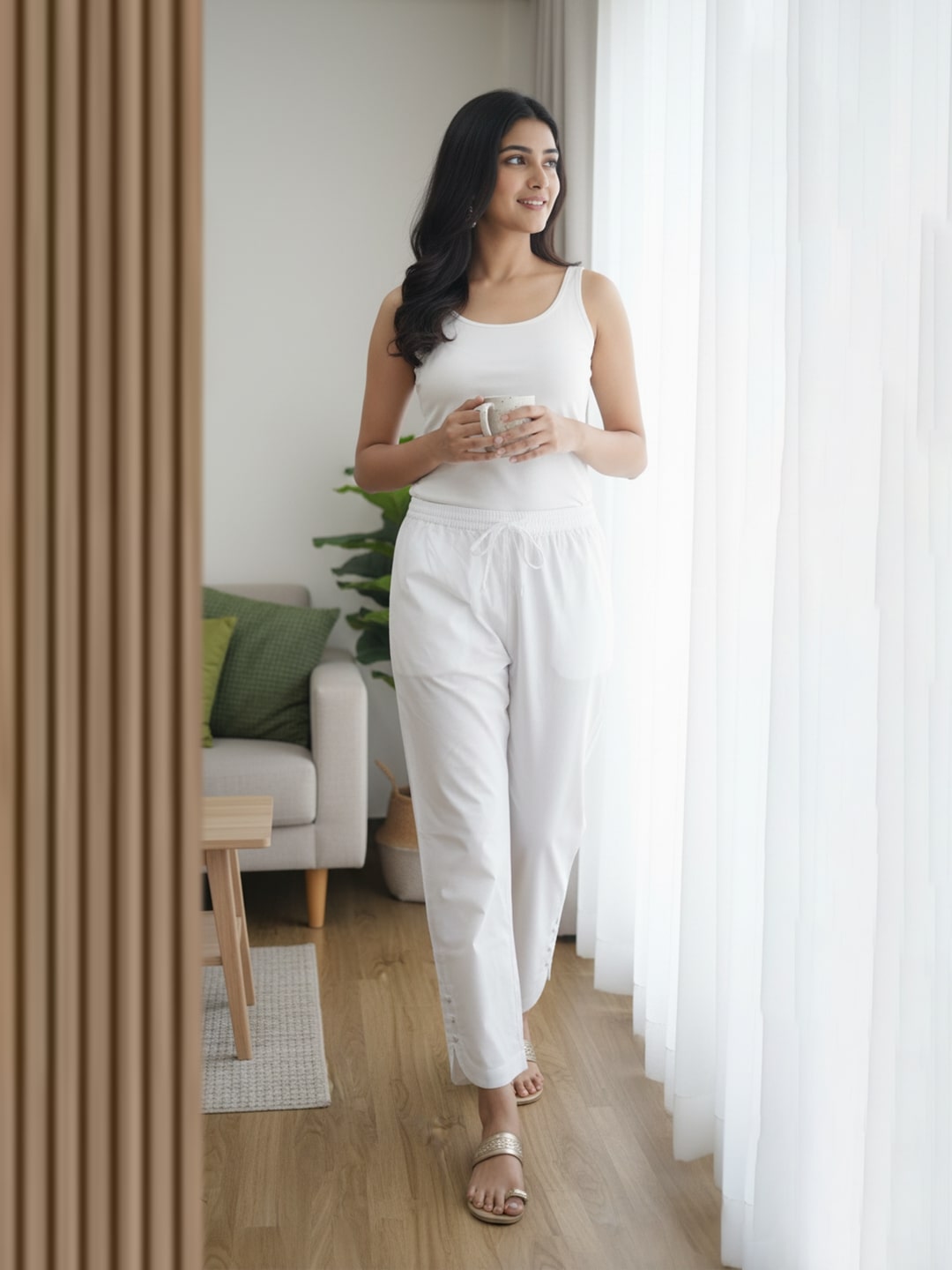 Izaafa Women's White Pure Cotton Scallop Hem Ankle Length Trousers with Drawstring Waist | Stylish Casual & Lounge Wear Pants | Comfortable Regular Fit