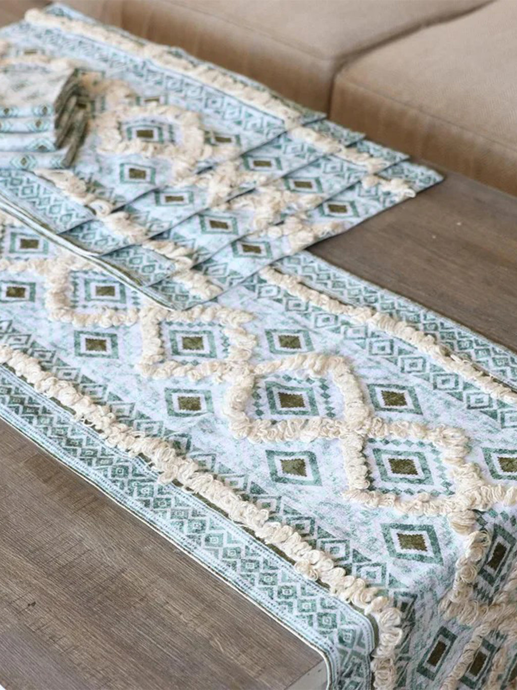9 Pc Fringed Cotton Table Linen Set: Runner, 4 Place Mats, 4 Napkins I