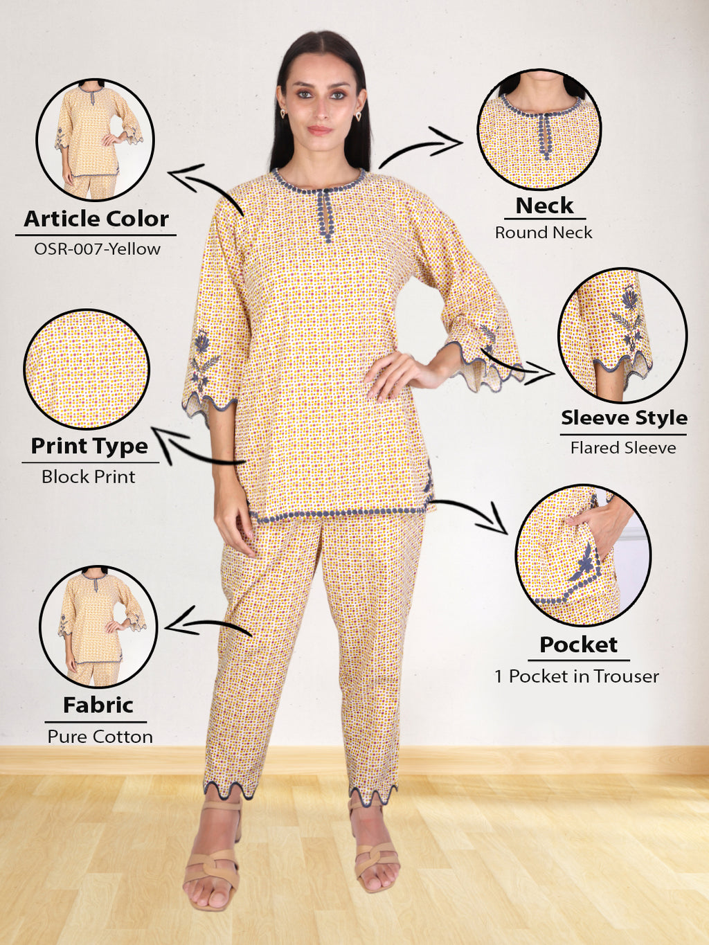 Chic Printed Co-ord Set with Scalloped Detailing – Soft Yellow