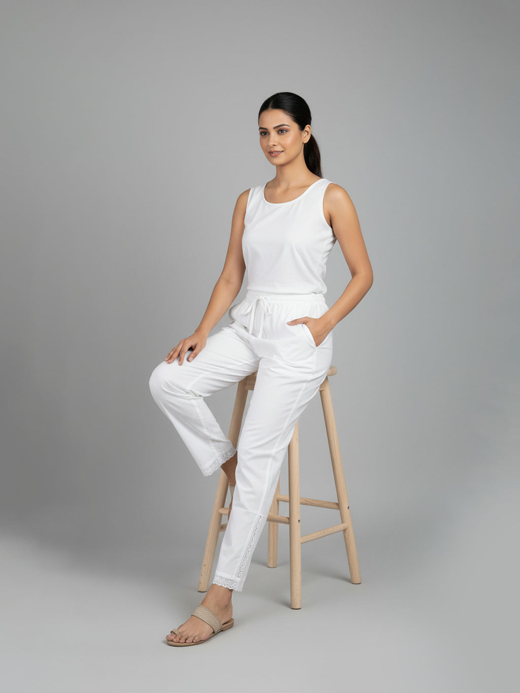 Pure Cotton Palazzo Trouser with Lace Detail, White, Drawstring Waist