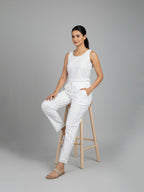 Pure Cotton Palazzo Trouser with Lace Detail, White, Drawstring Waist