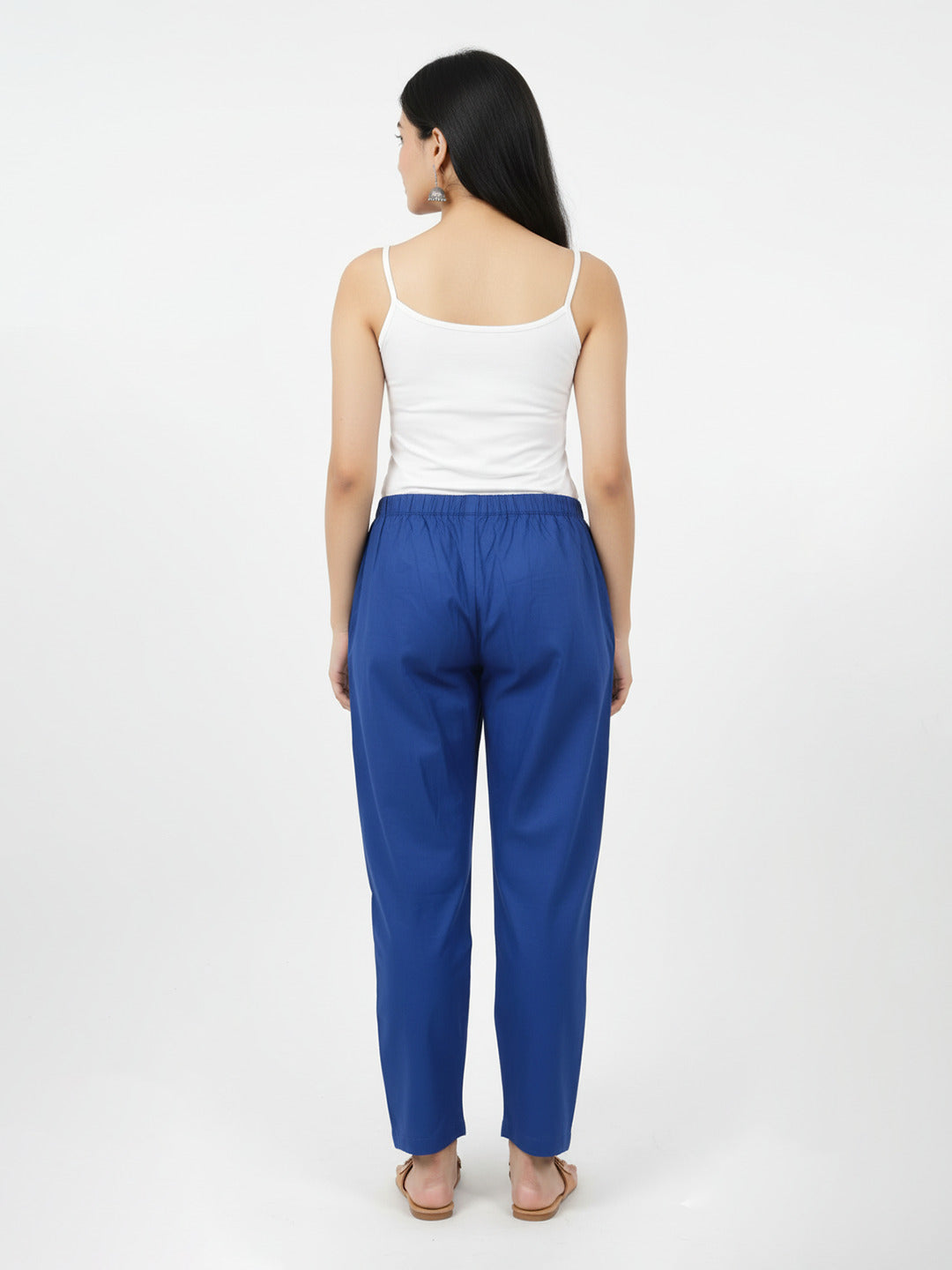 Izaafa Women's Pure Cotton Solid Royal Blue Trouser | Straight Fit Ankle-Length Pant with Elastic Waistband | Comfortable Casual, Office & Ethnic Bottom Wear with Pockets