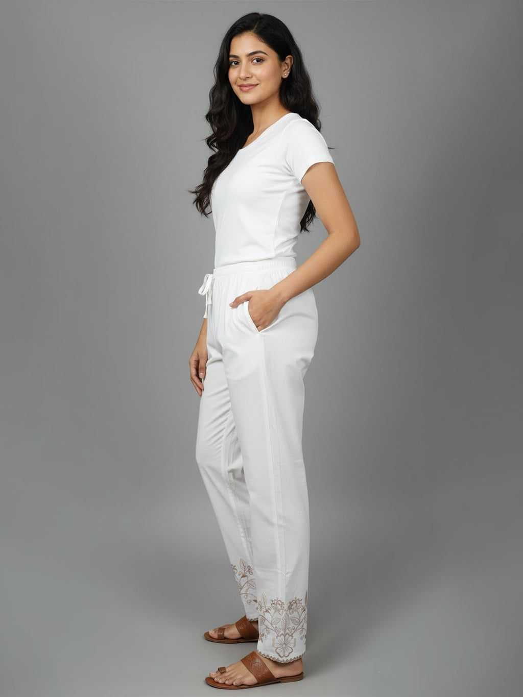 Izaafa Women's Pure Cotton Trouser with Tone-on-Tone Embroidery Hem | White Relaxed Fit Ankle-Length Pant with Drawstring Waist & Pockets | Versatile Ethnic Bottom Wear