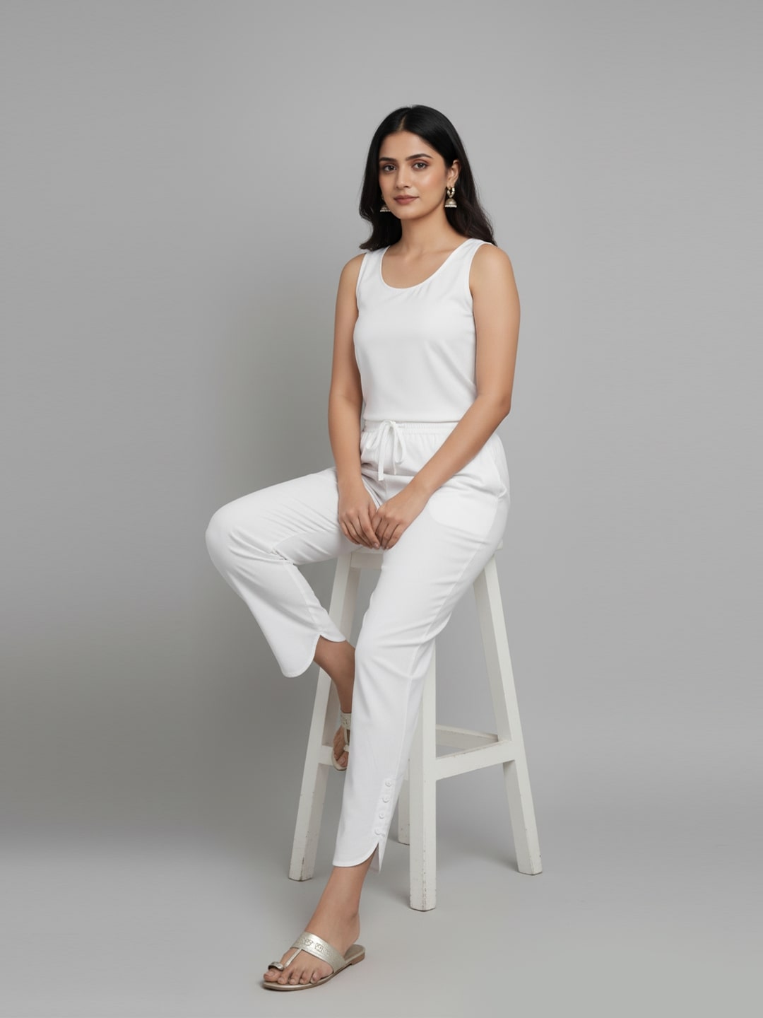 Izaafa Women's White Pure Cotton Scallop Hem Ankle Length Trousers with Drawstring Waist | Stylish Casual & Lounge Wear Pants | Comfortable Regular Fit