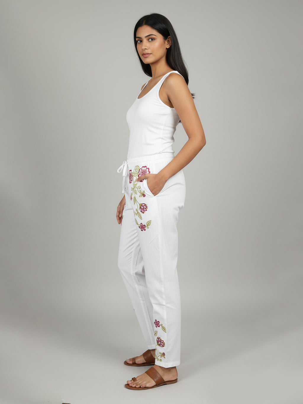 Women's Pure Cotton wine  Embroidered Trouser /