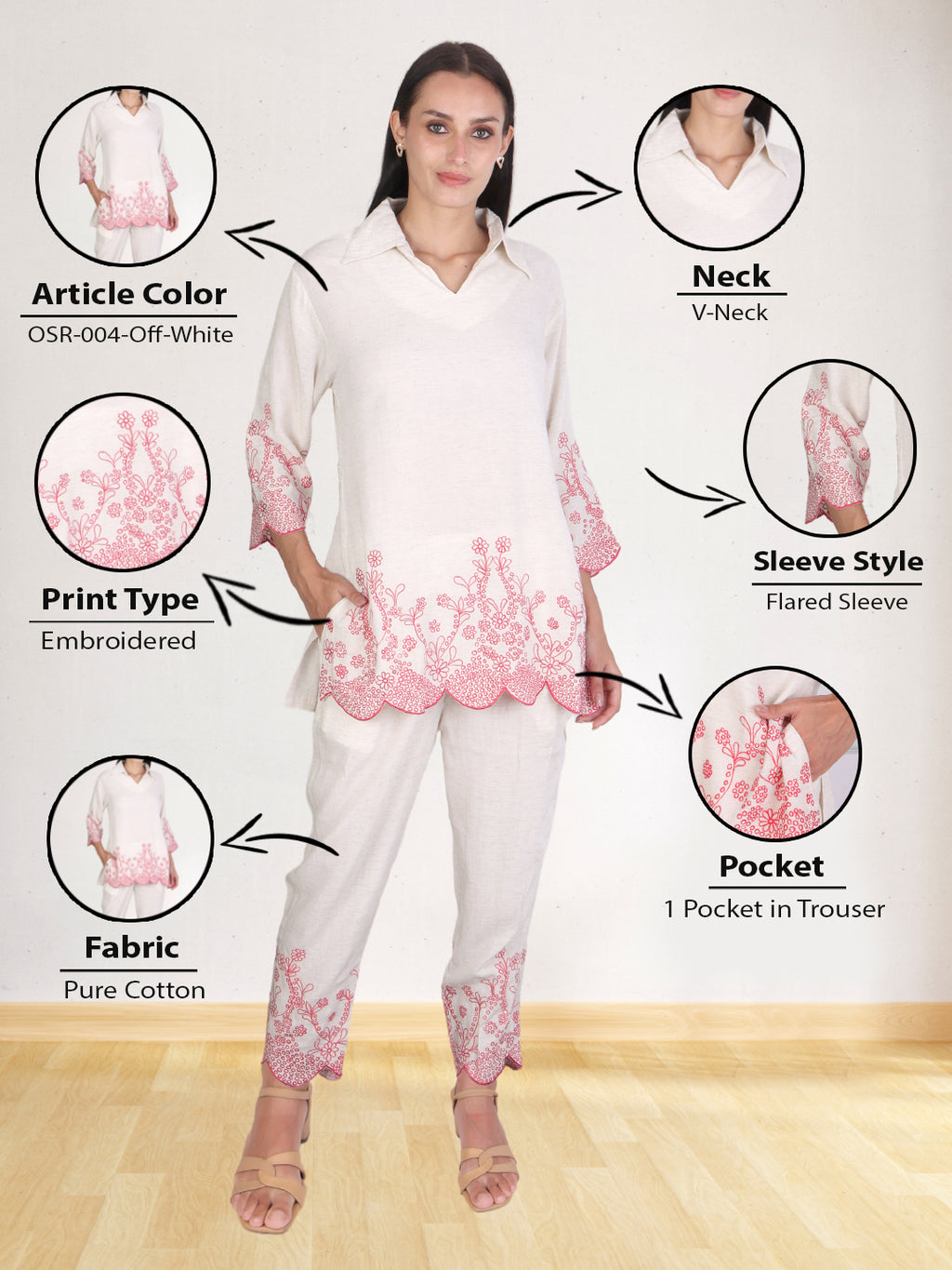 Ivory Embroidered Co-ord Set with Scalloped Hem – Soft Pink Detailing