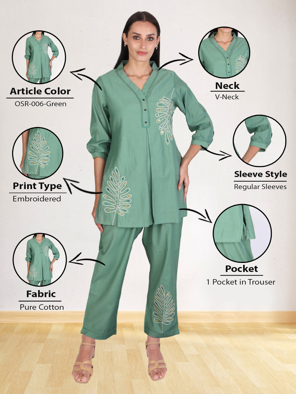 Elegant Leaf Embroidered Co-ord Set – Sage Green