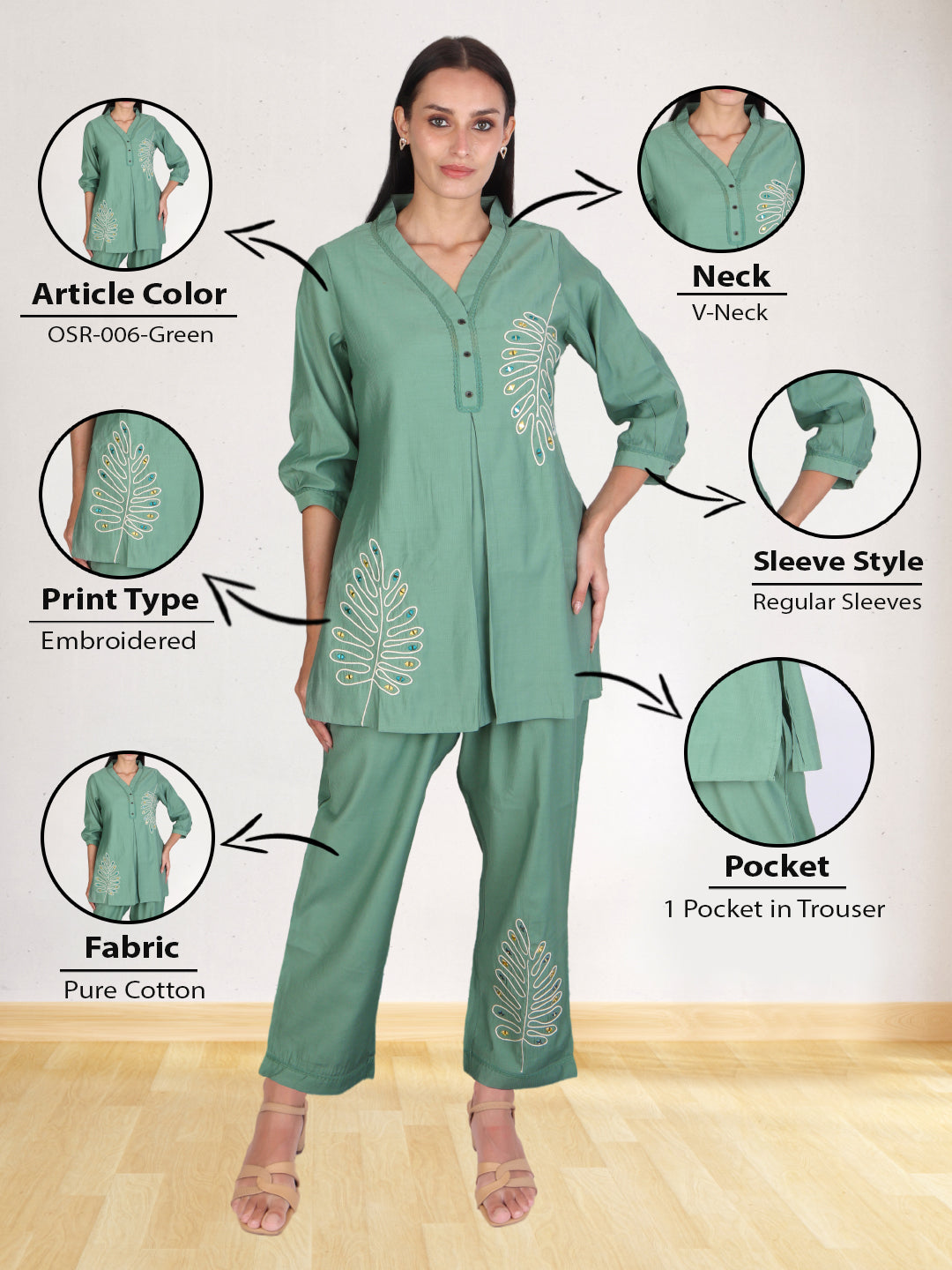 Elegant Leaf Embroidered Co-ord Set – Sage Green