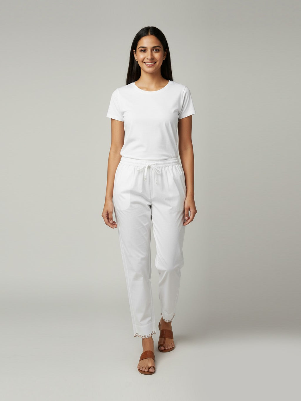 White Cotton Trouser with Embroidered Hem,