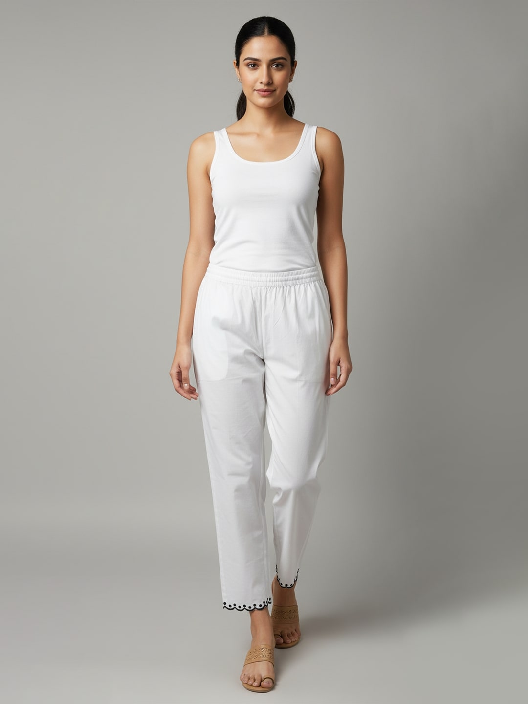 Izaafa Women's White Cotton Pants with Embroidered Hem, Elastic Waist, Casual Trousers