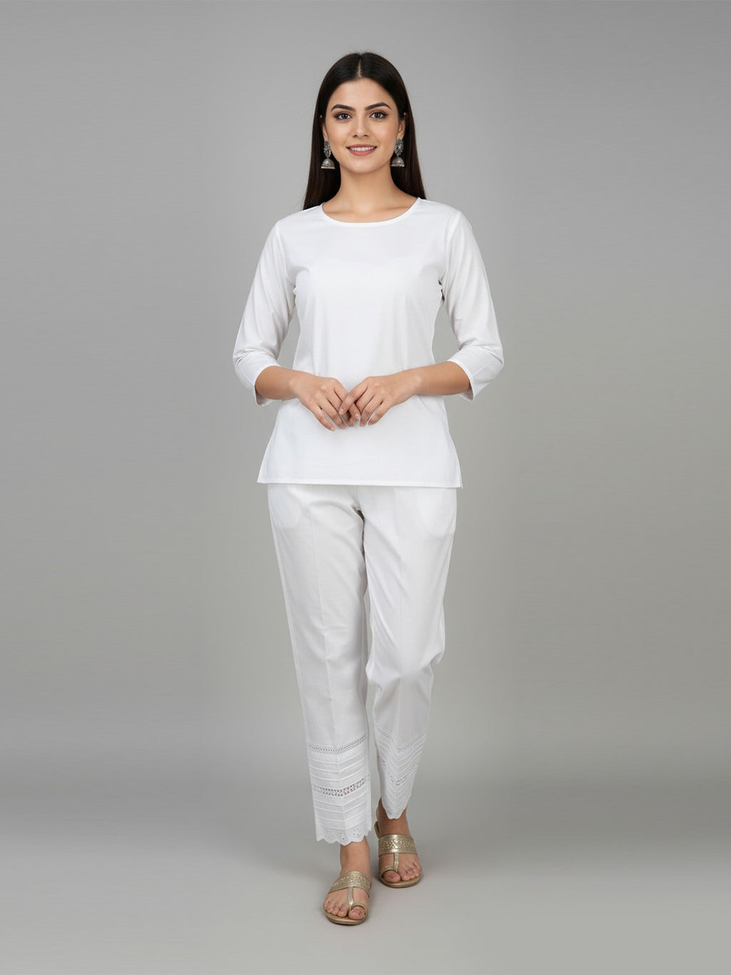 White Cotton Trousers,with  Embroidered