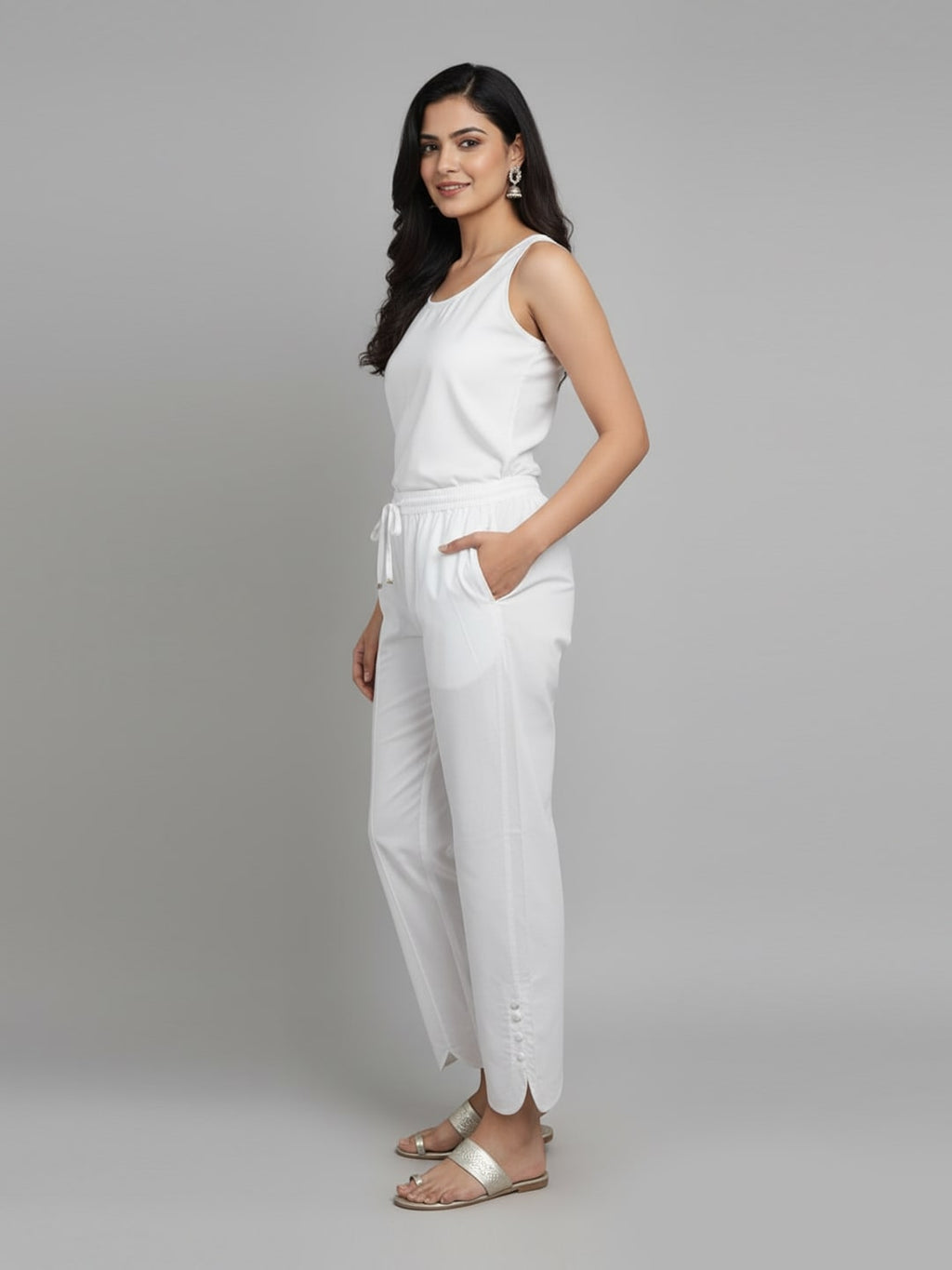 Izaafa Women's White Pure Cotton Scallop Hem Ankle Length Trousers with Drawstring Waist | Stylish Casual & Lounge Wear Pants | Comfortable Regular Fit
