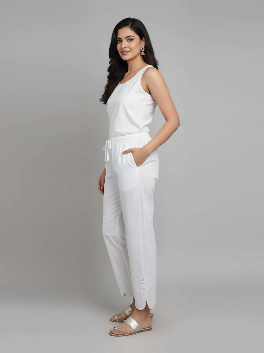 Izaafa Women's White Pure Cotton Scallop Hem Ankle Length Trousers with Drawstring Waist | Stylish Casual & Lounge Wear Pants | Comfortable Regular Fit