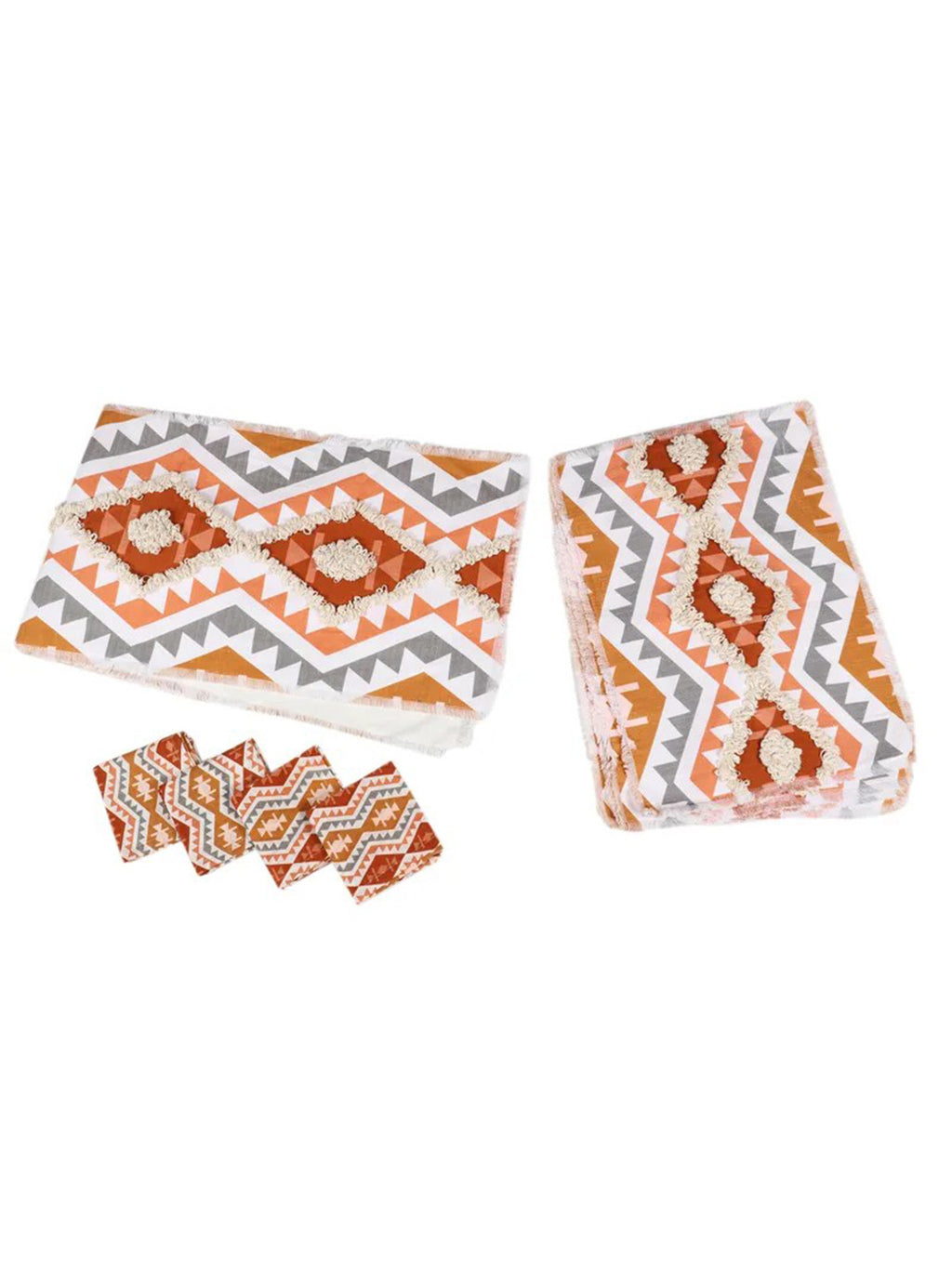 9 Pc Embroidered Cotton Table Linen Set: Runner, 4 Place Mats, 4 Napkins