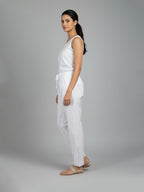 Pure Cotton Palazzo Trouser with Lace Detail, White, Drawstring Waist