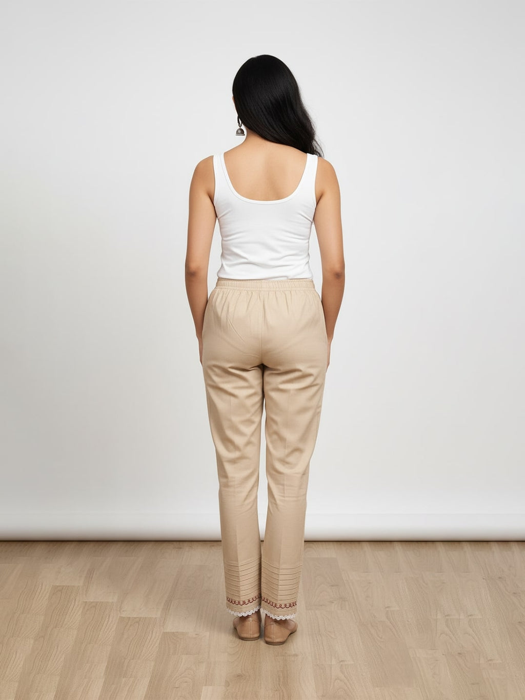 Izaafa Women's Pure Cotton Pintuck Trouser | Ankle Length Relaxed Fit Pant with Lace Trim & Side Pockets | Beige Solid Color Casual & Ethnic Bottom Wear