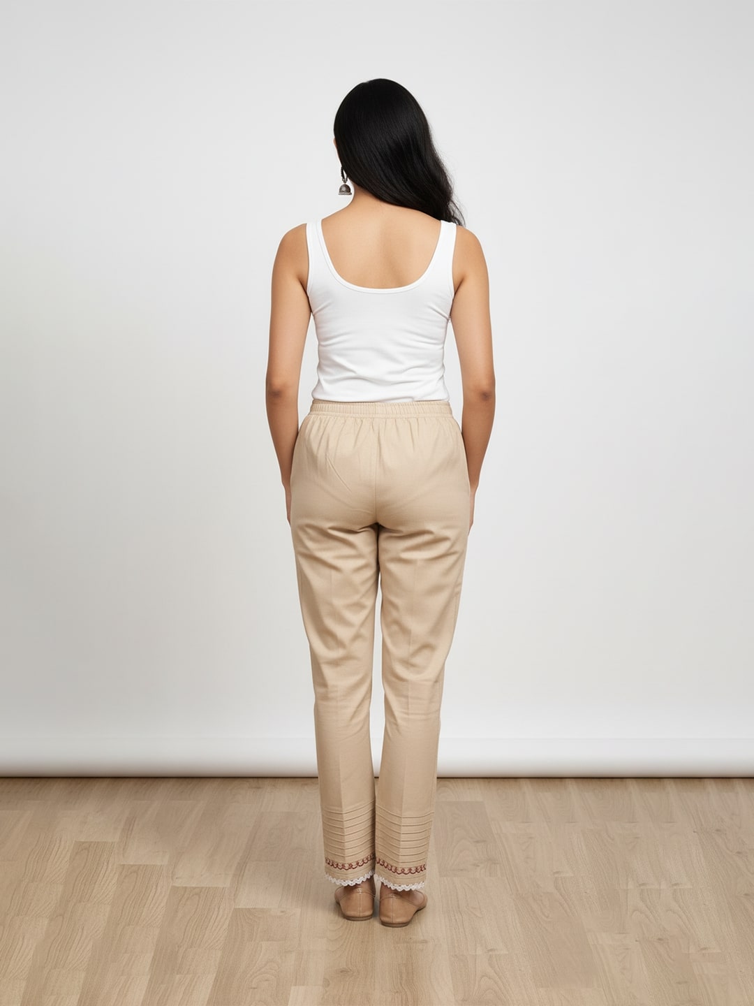 Izaafa Women's Pure Cotton Pintuck Trouser | Ankle Length Relaxed Fit Pant with Lace Trim & Side Pockets | Beige Solid Color Casual & Ethnic Bottom Wear