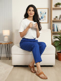 Izaafa Women's Pure Cotton Solid Royal Blue Trouser | Straight Fit Ankle-Length Pant with Elastic Waistband | Comfortable Casual, Office & Ethnic Bottom Wear with Pockets