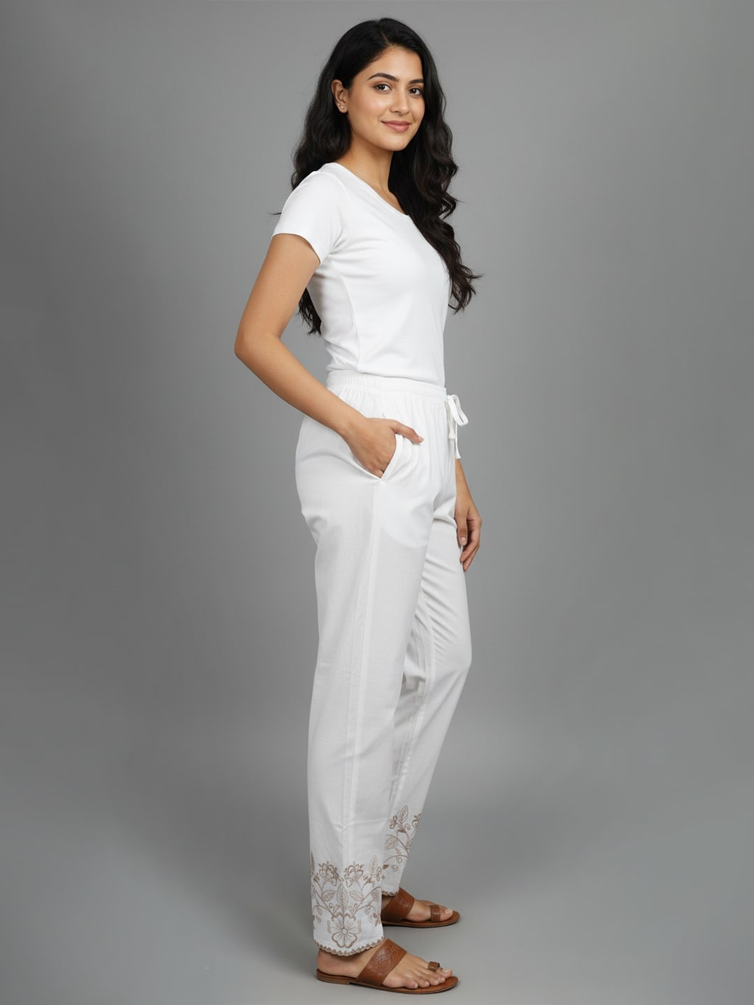 Izaafa Women's Pure Cotton Trouser with Tone-on-Tone Embroidery Hem | White Relaxed Fit Ankle-Length Pant with Drawstring Waist & Pockets | Versatile Ethnic Bottom Wear