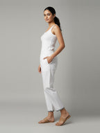 Women's White Cotton Pants with Embroidered Hem, Elastic Waist, Casual Trousers